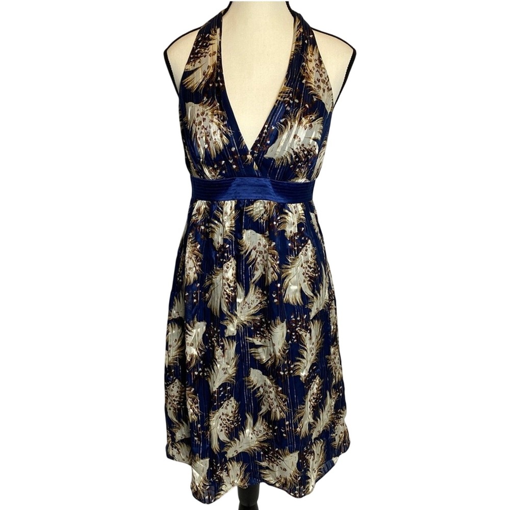 Laundry By Shelli Segal Womens Halter Dress Size 4 Blue & Metallic Gold Feathers